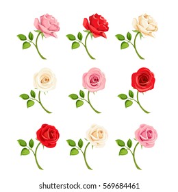 Vector set of red, pink and white roses with stems isolated on white.