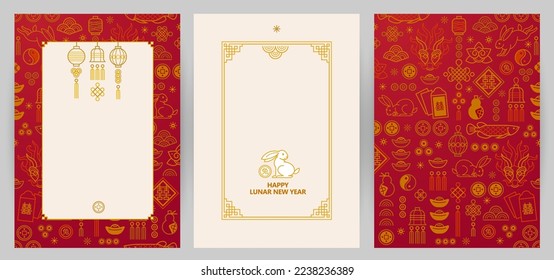 Vector set with red premade cards, banners template. Chinese illustration of the Rabbit Zodiac sign. Symbol of 2023 in the Chinese Lunar calendar. Rabbit, Chine Calendar. China translate: Rabbit