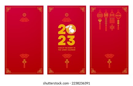 Vector set with red premade cards, banners template. Chinese illustration of the Rabbit Zodiac sign. Symbol of 2023 in the Chinese Lunar calendar. Rabbit, Chine Calendar. China translate: Rabbit