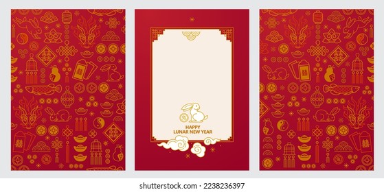 Vector set with red premade cards, banners template. Chinese illustration of the Rabbit Zodiac sign. Symbol of 2023 in the Chinese Lunar calendar. Rabbit, Chine Calendar. China translate: Rabbit
