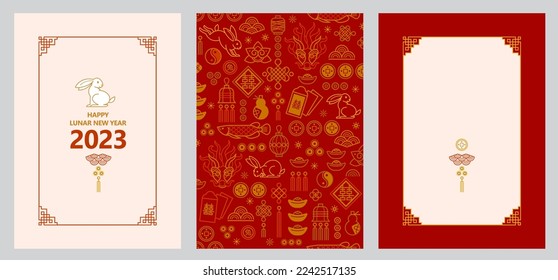 Vector set with red premade cards, banners template. Chinese illustration of the Rabbit Zodiac sign. Symbol of 2023 in the Chinese Lunar calendar. Rabbit, Chine Calendar. China translate: Rabbit