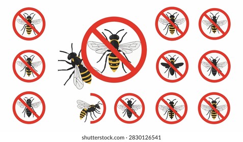 Vector set of red prohibited signs featuring wasp icons. Diverse collection of stop symbols for hornets, yellow jackets, and stinging insects. Flat design on a white background.