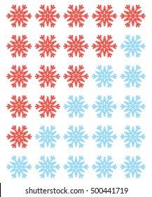 Vector set of red rating snowflakes over white.