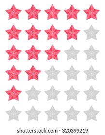 Vector set of red rating stars over white.