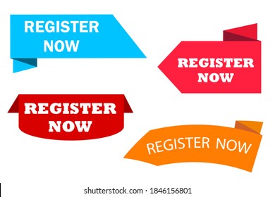 Vector set of red register now labels. Registration icons. Buttons for joining. Stock image.