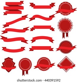 Vector set with red ribbons and banners. Isolated ribbons and banners for your design. Vintage labels and ribbons. Vector illustration.