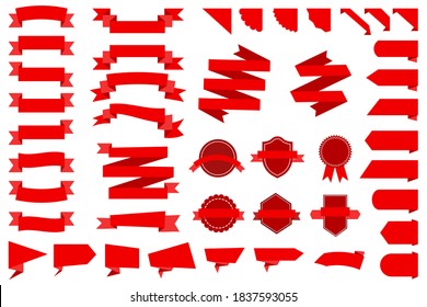 Vector set of red ribbons, stripes and tags. Set of stickers, satin scrolls. Stock image.