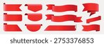 Vector set of red ribbons in various shapes and styles, including banners and tags, ideal for web design, promotions, and decorative purposes.