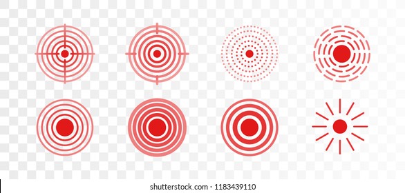 Vector set of red rings icon for medical design on transparent background. Pain circle to mark painful body parts.