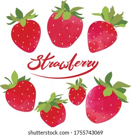 Vector set : red , ripe, fresh strawberries with green leaves. With hand written lettering and watercolor  texture. Isolated on white elements for colorful summer design of cards, posters, invitations