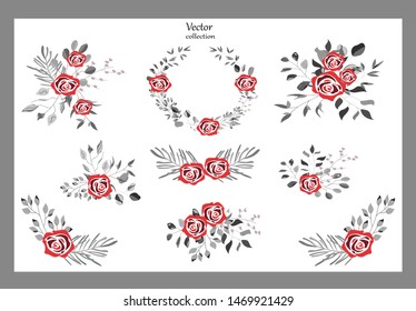 Vector set with red roses, grey leaves. Botanic Design for banner, wedding, poster, invitation, cover, placard, brochure, header.