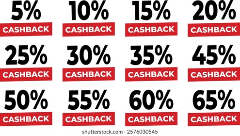 Vector set of red sale icons 5,15,20,25,30,35,40,45,50,55,60,65% with cashback percentages. Vector set of sale tag icons. Sale offer price sign. Special offer symbol. Discount promotion.