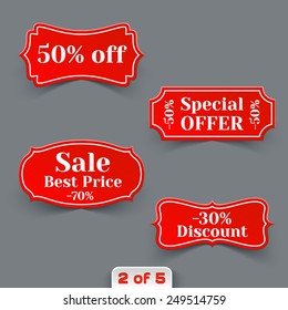 Vector Set of Red Sale Retro Labels. Vintage Paper Banners Collection