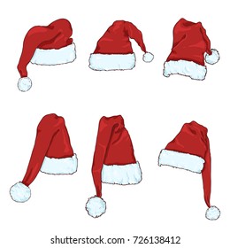 Vector Set of Red Santa Claus Hats. Christmas Celebration Headwear.