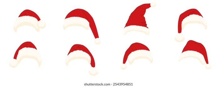 Vector set of red Santa hats . Holiday collection of santa claus hats. Xmas cap, Hat for Christmas illustration