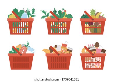 Vector set of red shopping basket icons with products isolated on white background. Plastic shop cart with vegetables, fruit, water, fast and sweet food. Healthy and unhealthy ingredients illustration