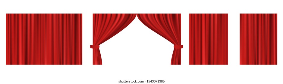 vector set of red silk curtains with light and shadows of the open and closed