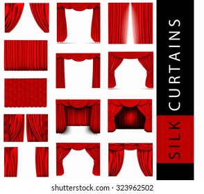 vector set of red silk curtains with light and shadows of the open and closed, Pelmet
