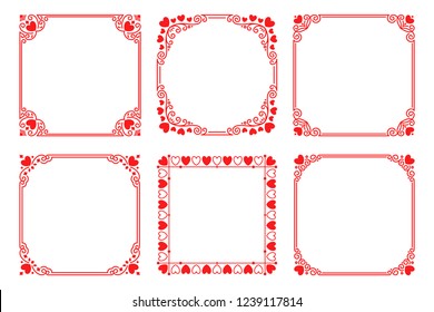 Vector set of red square frames with hearts, flourishes, curls in vintage art deco style. Elegant ornament for decoration, design of wedding invitation, love romantic greeting card for Valentine's Day