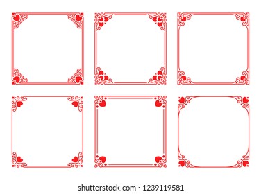 Vector set of red square frames with hearts, flourishes, curls in vintage art deco style. Elegant ornament for decoration, design of wedding invitation, love romantic greeting card for Valentine's Day