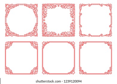 Vector set of red square frames with hearts, flourishes, curls in linear  art deco style. Elegant ornament for decoration, design of wedding invitation, love romantic greeting card for Valentine's Day