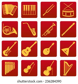 Vector Set of Red Square Musical Instruments Icons