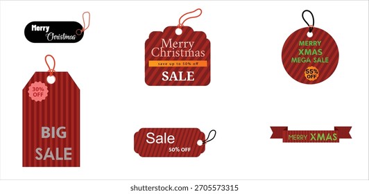 Vector Conjunto de etiquetas de Precio de venta de Navidades a rayas rojas, Mega Discount Labels y Anuncios de promoción de Festiva
