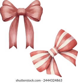 Vector Set of red striped gift bow and red bow in watercolor style. Invitation, wedding, greeting cards. Template for gift decoration, greeting cards, invitation, wedding card, save the date.