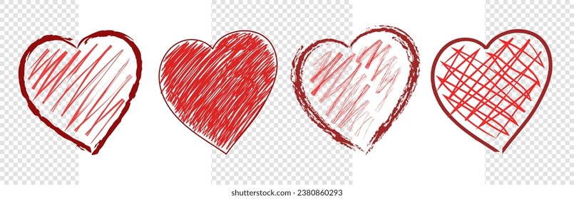 Vector set of red stylish hearts drawn by hand with brushes. A collection of scribble doodles for Valentines Day. Isolated background.