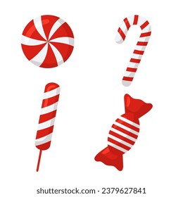 Vector set of red sweet christmas candies. Candy cane, lollipop isolated on white.