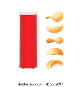 Vector Set of Red Tin Box Container Tube for Package Design with Potato Crispy Chips of Different Shapes Close up Isolated on White Background