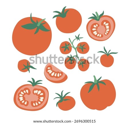 Vector set of red tomato isolated on white background. Stylish flat vegetable illustration. Tomatoes of different varieties. Food collection
