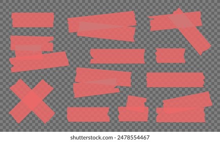 Vector set of red transparent adhesive tape. Duct tape strip. Torn pieces of masking tape isolated on transparent background. 