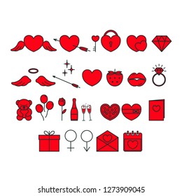 Vector set of red valentine day icons. 