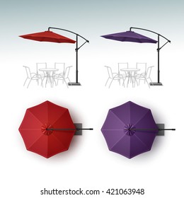 Vector Set of Red Violet Purple Blank Patio Outdoor Beach Cafe Bar Pub Lounge Restaurant Round Umbrella Parasol for Branding Top Side View Mock up Close up Isolated on White Background