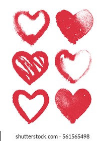 Vector set of red watercolor hearts on white, hand drawn romantic textured symbols of love, design elements
