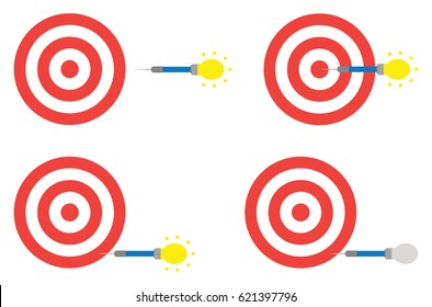 Vector set of red and white bullseyes with blue darts with grey and yellow light bulbs in three different positions, four styles.