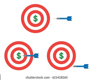 Vector set of red and white bullseyes with green dollars and blue darts in three different positions.