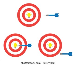 Vector set of red and white bullseyes with yellow light bulbs and blue darts in three different positions.