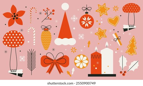 Vector set with red and white holiday tree toy and Christmas flower on pink background. Vintage Christmas decoration pack. Flat trendy simple abstract style. Scandi and hygge winter season icons