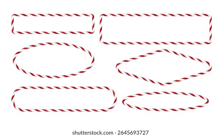 Vector Set of red and white striped frames, oval, rectangle and rhombus. Sweet lollipop cane. For holiday cards, templates. Isolated background. Cartoon style. Illustration.