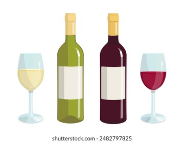 Vector set of red and white wine, illustration of glass and bottle with red wine, alcoholic white drink in flat style for poster, bar menu print design