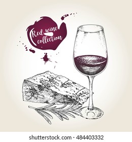 Vector set of red wine collection. Engraved vintage style. Glass, cheese and rosemary.  Isolated on grunge background. Decorated with lettering. Use for restaurant, cafe, store, food, menu, design.