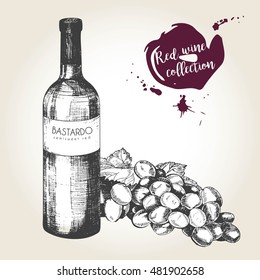 Vector set of red wine in engraved vintage style. Wine bottle, glass and grape. Isolated on grunge background. Decorated with lettering and blots. Use for restaurant, cafe, store, food, menu, design. 