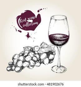 Vector set of red wine in engraved vintage style. Wine bottle, glass and grape. Isolated on grunge background. Decorated with lettering and blots. Use for restaurant, cafe, store, food, menu, design. 