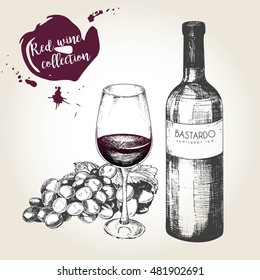 Vector set of red wine in engraved vintage style. Wine bottle, glass and grape. Isolated on grunge background. Decorated with lettering and blots. Use for restaurant, cafe, store, food, menu, design. 