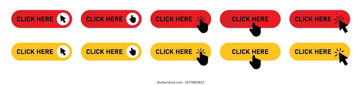  Vector set of red and yellow click here buttons with cursor and hand pointer icons. Ideal for web, UI, apps, digital ads, navigation.