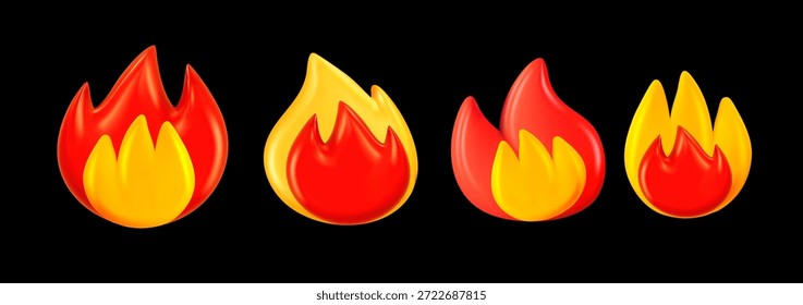 Vektorgrafik der roten und gelben Farbe brennende Flamme des Feuers. Sammlung von verschiedenen glänzenden Emoji Feuer auf schwarzem Hintergrund. 3D-Cartoon-Stil Design der Illustration von Feuer oder Lagerfeuer Flamme Symbol