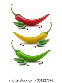 Vector Set of Red Yellow Green and Black Peppercorn Hot Chili Pepper with Peppermint Leaves Isolated on White Background