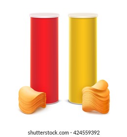 Vector Set of Red Yellow Tin Box Container Tube for Package Design with Stack of Potato Crispy Chips Close up Isolated on Background